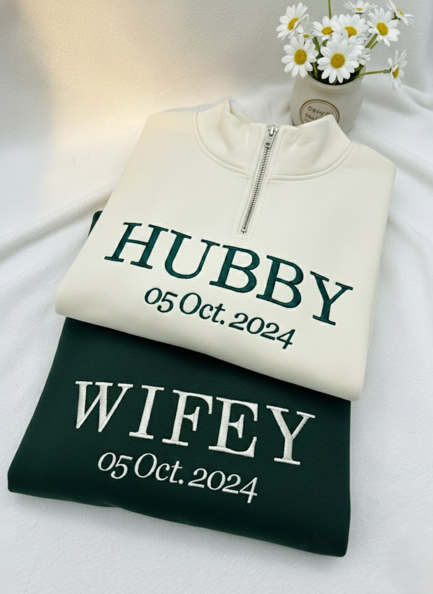 Embroidered Wifey and Hubby Quarter Zip Sweatshirt, Valentine Custom Name Shirt, Matching Mr Mrs Jumper, Wedding Anniversary Gift