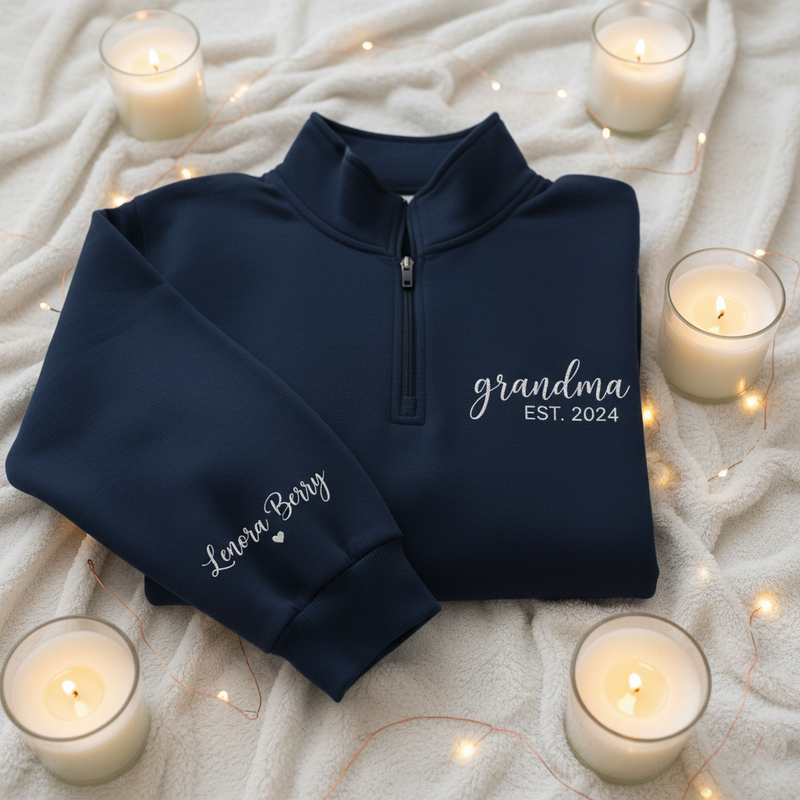 Embroidered Custom Grandma Quarter Zip Sweatshirt: New Grandma Shirts, Personalized Family Shit With Kid’s Name On Sleeve, Birthday Gift