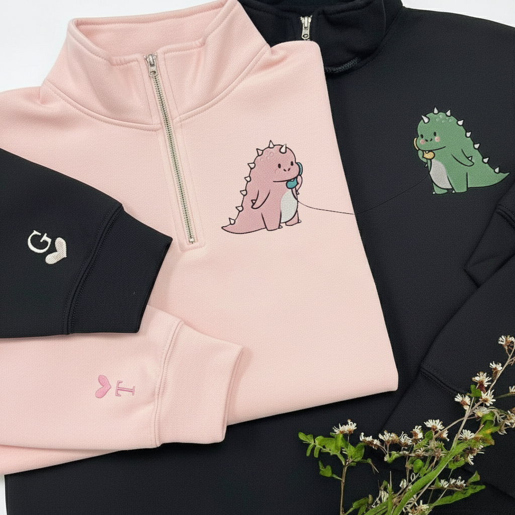 Custom Couple Dinosaur Embroidered Sweatshirt, Kawaii Dino Love Valentine Sweater, Matching Couple Sweatshirts, Anniversary Gift