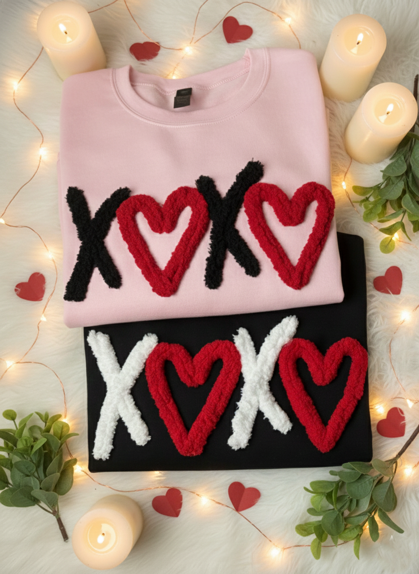 Custom XOXO Crewneck, Custom Chenille Yarn Embroidery Sweatshirt, Valentine Chenille Heart, Valentine Gift