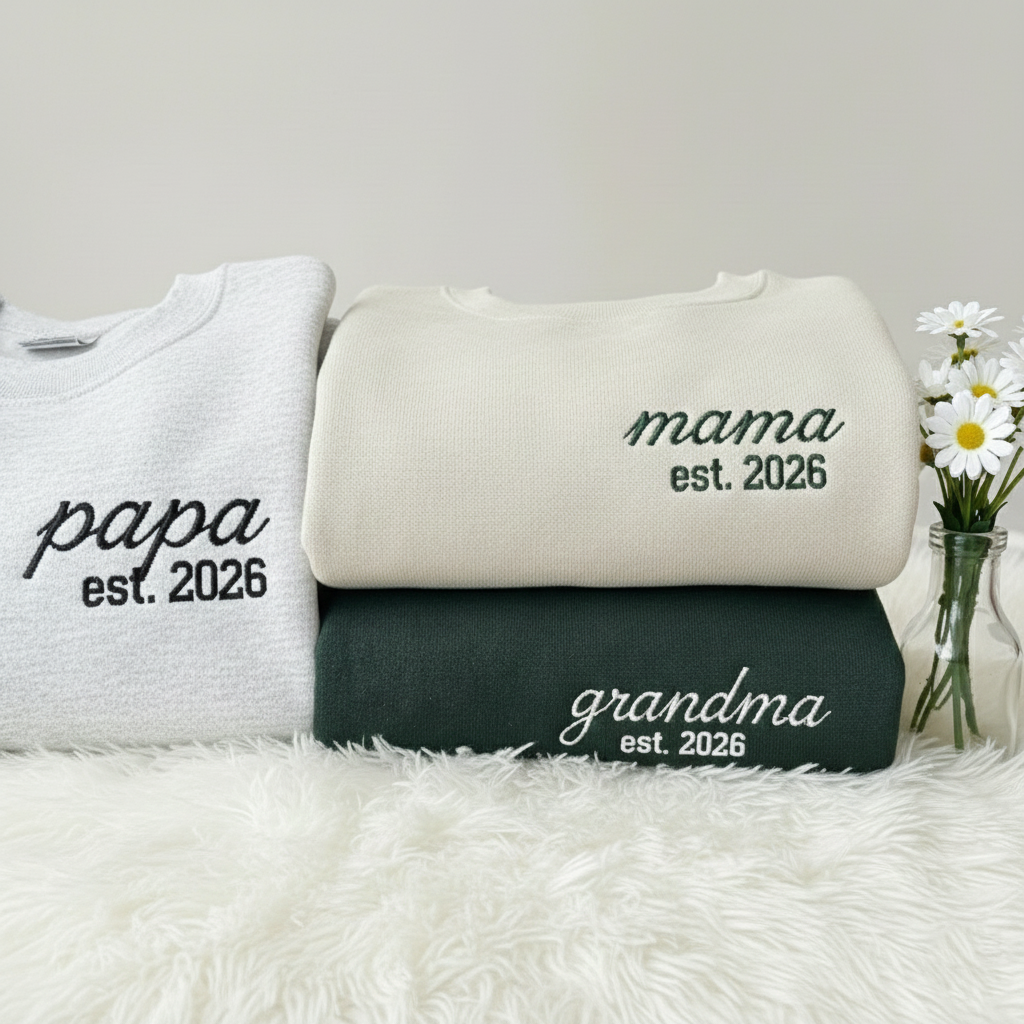 Custom Embroidered Chest Sweatshirt, Personalized Mama Grandma Crewneck, Matching Family Shirt, Anniversary Gift