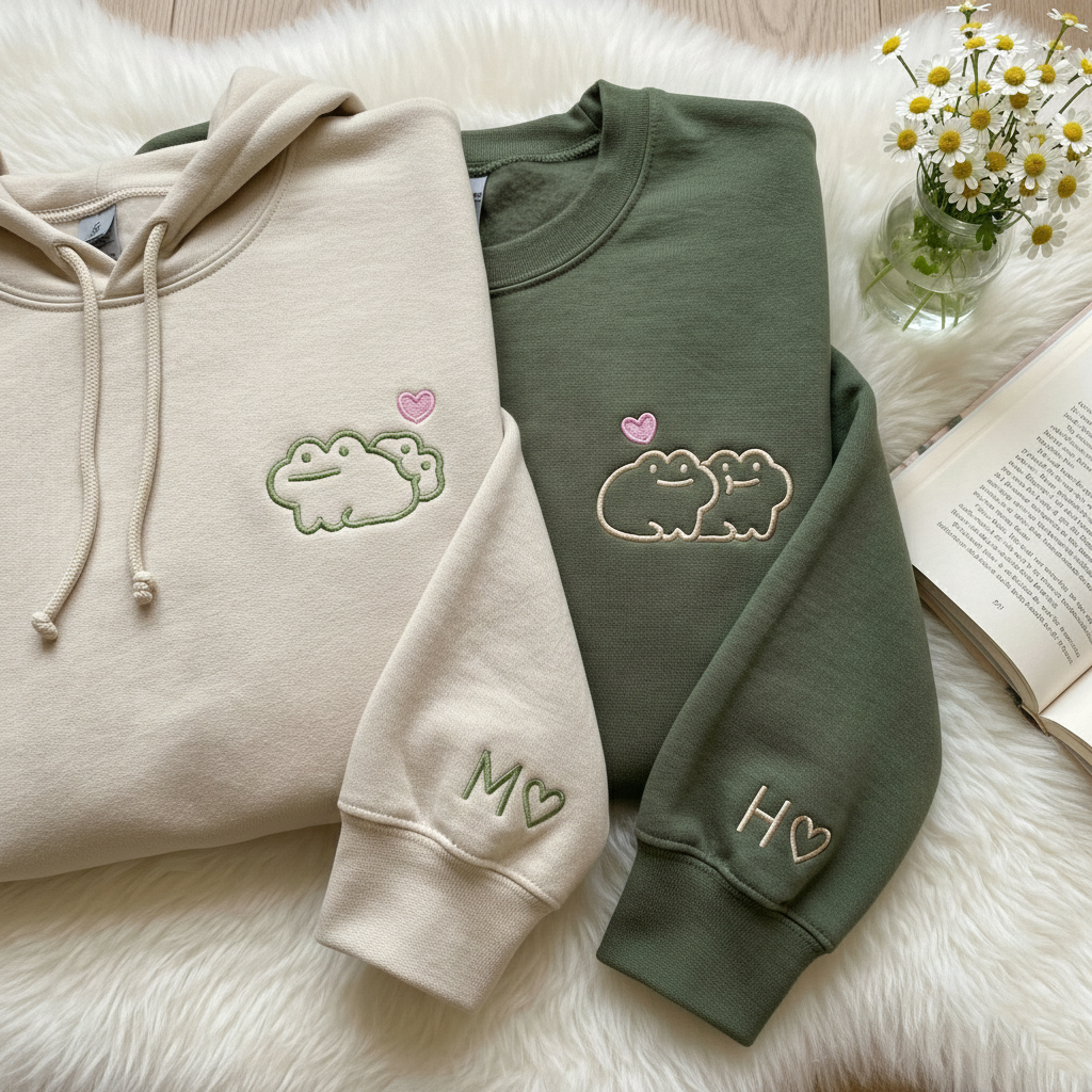 Custom Frog Couple Embroidered Hoodie with Roman Date & Initials - Matching Hoodies For Couple - 1st Anniversary Gift for Couples