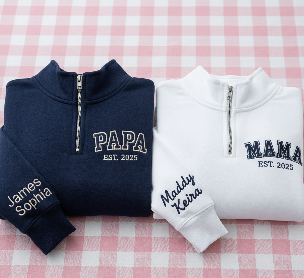 Custom Couple Quater Zip Sweatshirt, Mama Papa Sweatshirt, Matching Embroidered Sweatshirt, Gift For Her, Christmas Gift