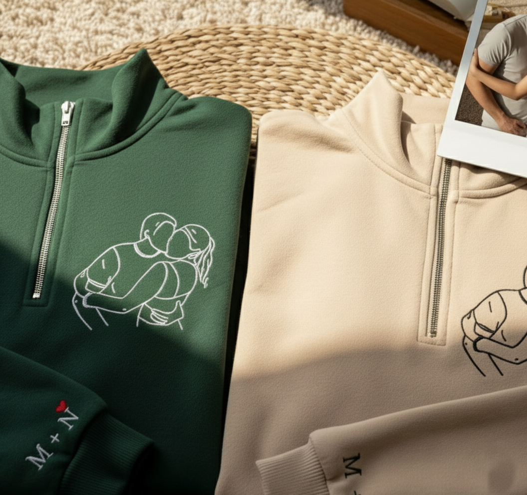 Outlined Embroidered Portrait Photo, Custom Couples Embroidered Sweatshirts, Personalized Crewneck, Valentine Gift