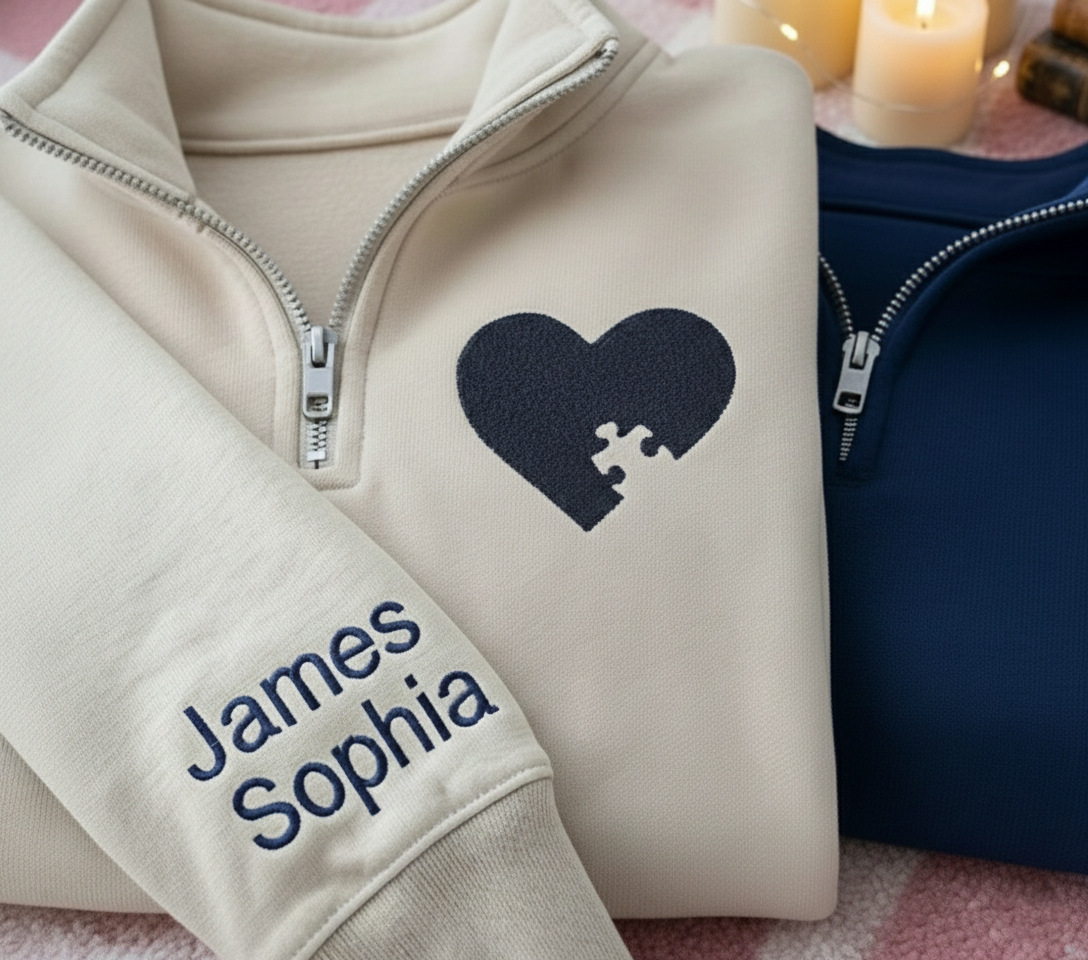 Matching Puzzle Piece Couple Quater Zip Sweatshirt, Custom Embroidered Heart Pullover with Initials, Long Distance Gift, His & Hers Anniversary