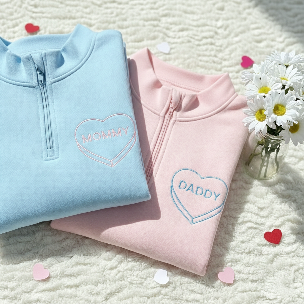 Custom Heart Candy Embroidered Quater Zip Shrit, Mom Dad Valentine Quater Zip Sweatshirt, New Mom Dad Valentine Shirt