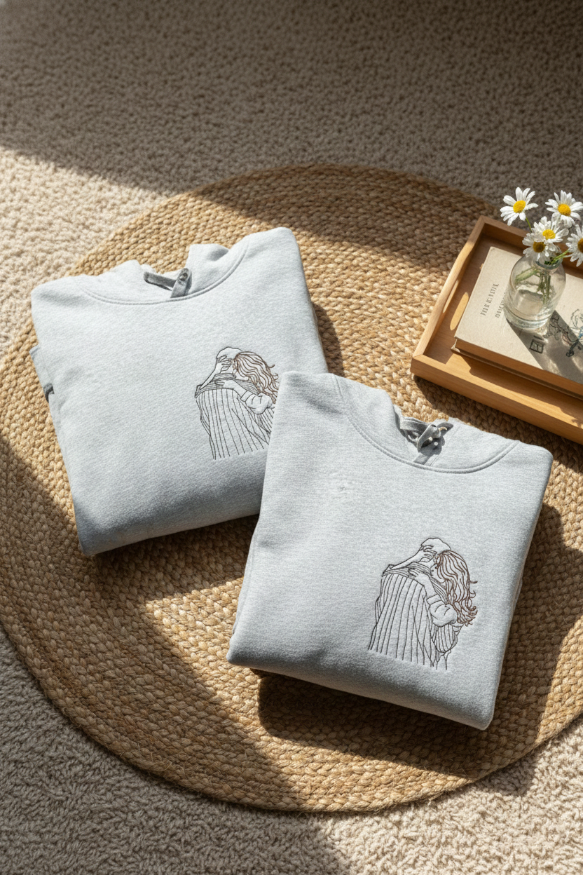 Custom Embroidered Couple Portrait Hoodie: Personalized Photo Sweatshirt, Matching Hoodies, Valentine Gift