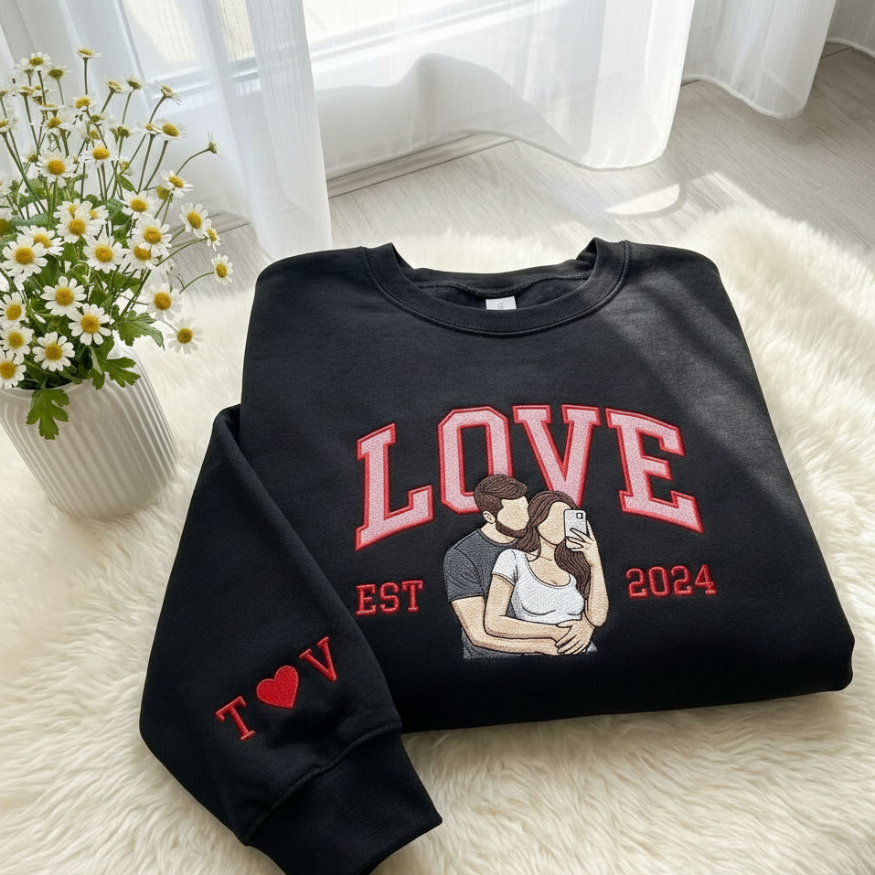Custom Couple Portrait Embroidered Sweatshirt, Custom Text Embroidered Sweatshirt, 1 St Anniversary Love Sweatshirt, Boy Friend Valentine Gift