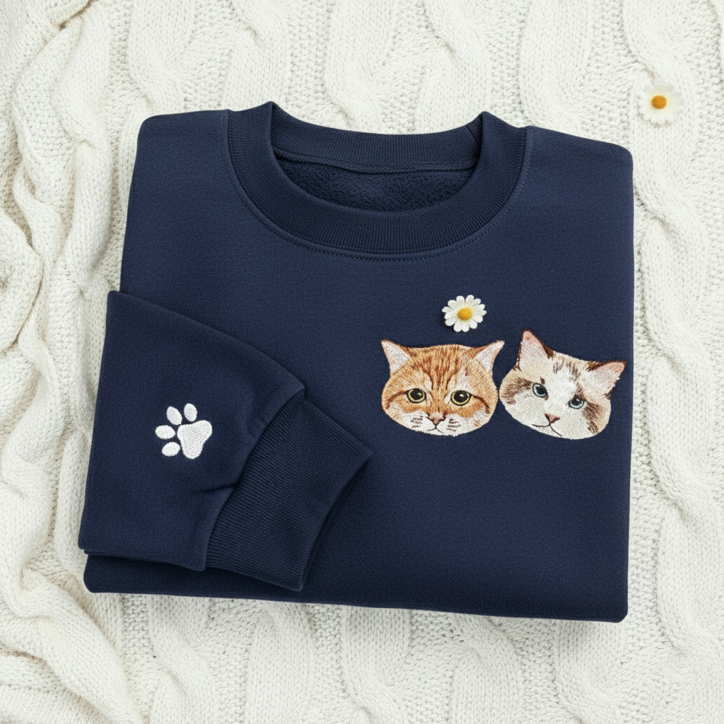 Custom Pet Photo Embroidered Sweatshirt, Personalized Dog Sweater, Embroidered Cat Face Crewneck, Dog Mom Shirt, Pet Lover Gift