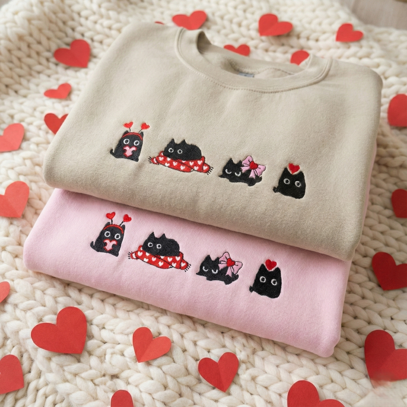 Valentine's Black Cat Sweater, Embroidered Cat Sweatshirt, Cute Cat Lover Jumper, Valentine Gift
