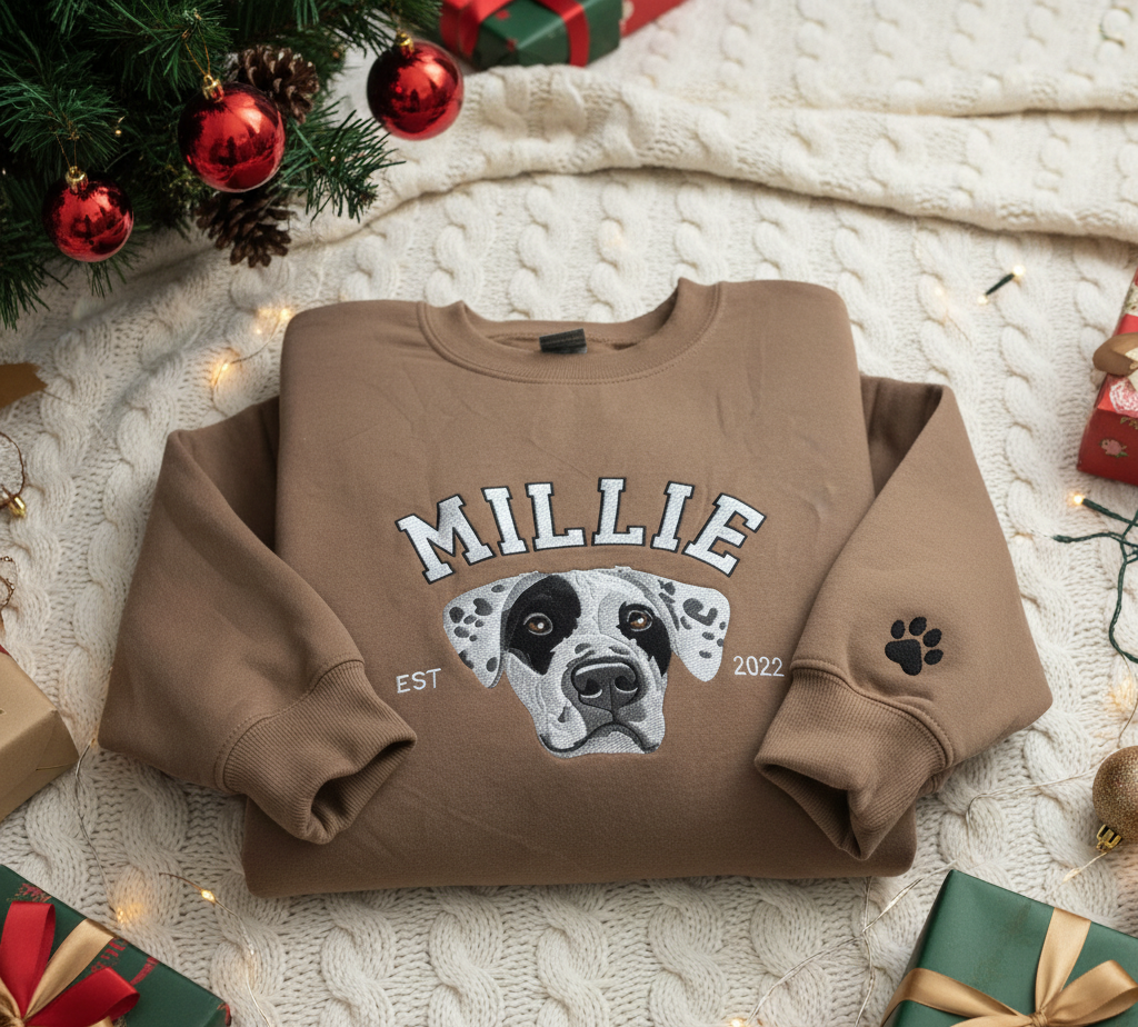 Personalized Pet Face Sweatshirt from Your Photo, Embroidered Custom Pet Name Crewneck, Varsity Dog Cat Sweatshirt, Gifts for Dog Lover
