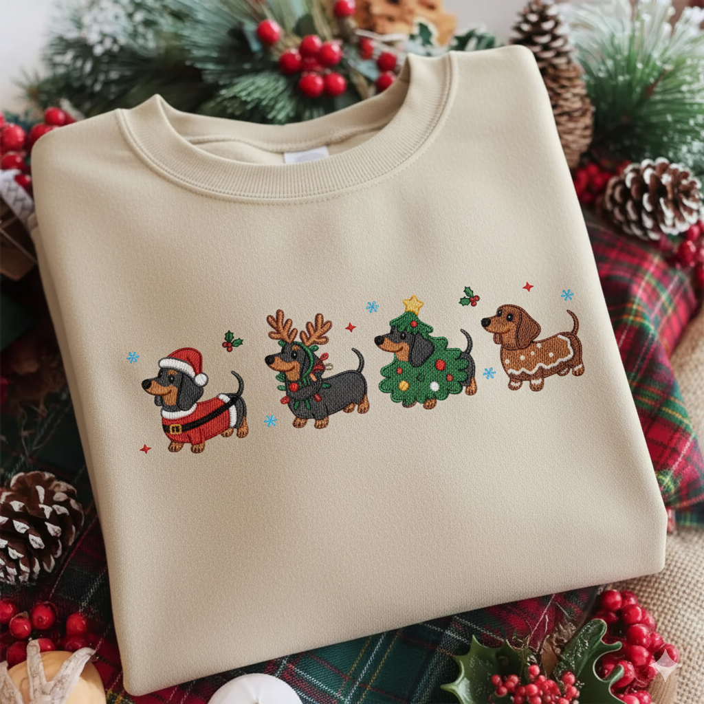 Dachshund Christmas Embroidered Sweatshirt, Funny Dog Embroidered Christmas Shirt, Custom Christmas Family Shirt, Gift For Mom