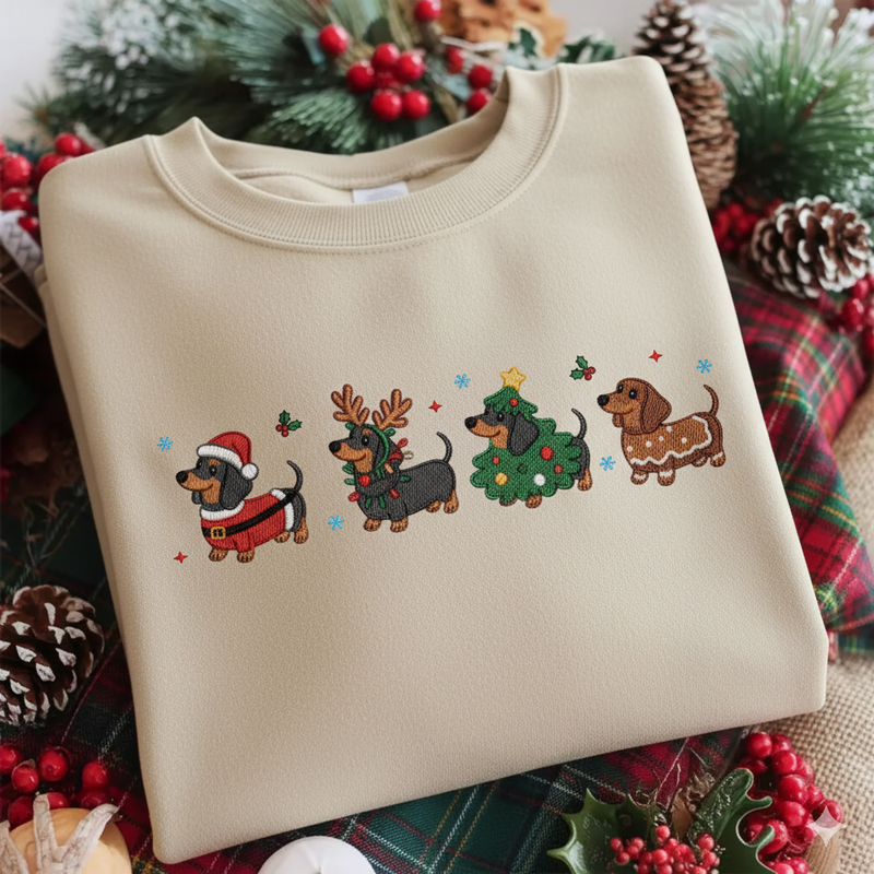 Dachshund Christmas Embroidered Sweatshirt, Funny Dog Embroidered Christmas Shirt, Custom Christmas Family Shirt, Gift For Mom