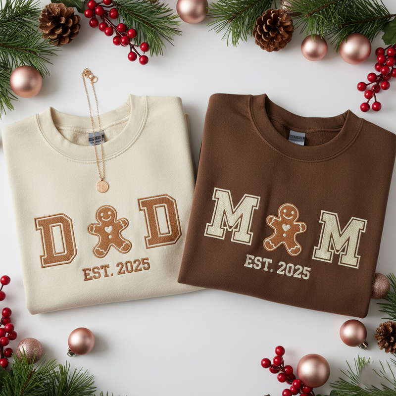 Custom Mom Dad Embroidered Sweatshirt, Gingerbread Couple Embroidered Sweatshirt, Christmas Gift For Husband, New Mom Dad Shirt