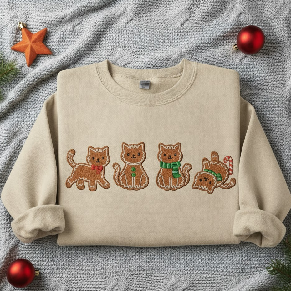 Gingerbread Cat Embroidered Sweatshirt, Christmas Cat Lover Crewneck, Christmas Embroidered Kitten Holiday Hoodie, Cat Mom Shirt, Cozy Holiday Cat Mom Sweater