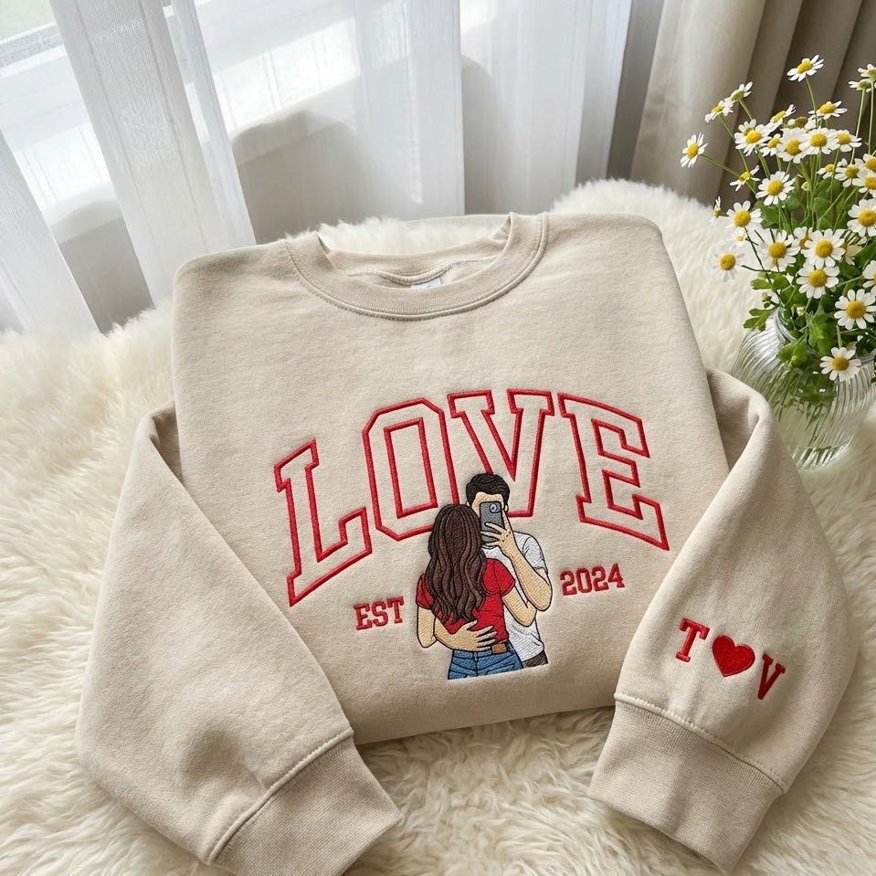 Custom Couple Portrait Embroidered Sweatshirt, Custom Text Embroidered Sweatshirt, Anniversary Love Sweatshirt, Valentine Gift