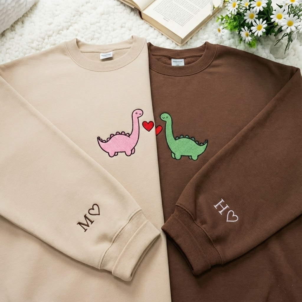 Custom Dinosaur Couple Embroidered Hoodie with Roman Date & Initials - Matching Hoodies For Couple - 1st Anniversary Gift for Couples