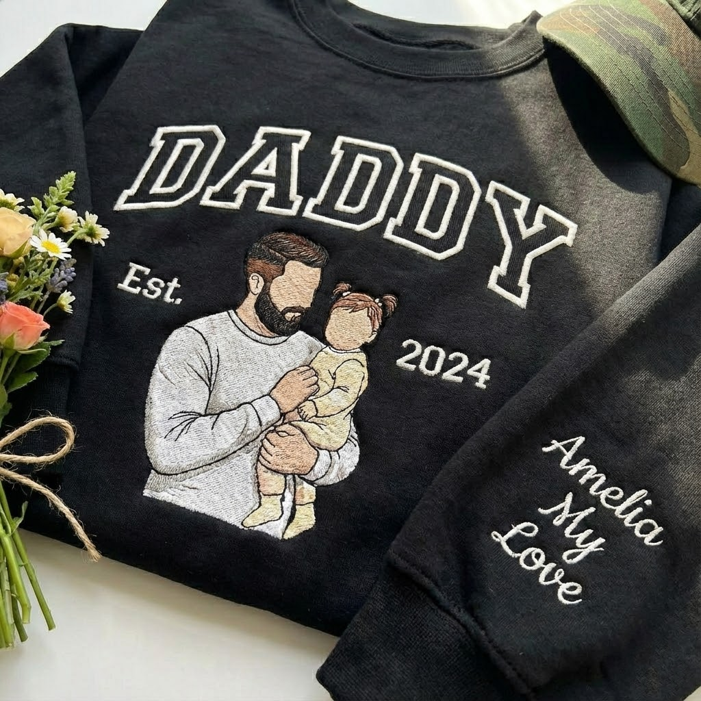 Custom Embroidered Dad Sweatshirt with Photo, Fathers Day or Birthday Gift for Dad, Personalized Dad and Daughter Hoodie, Embroidered Portrait Shirt