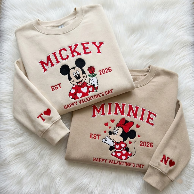 Custom Cartoon Mouse Couple Embroidered Sweatshirt, Retro Cartoon Valentine Embroidered Crewneck, Cozy Valentine Gift