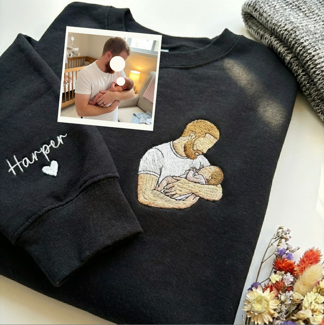 Gift for Dad, Gift for Him, Personalized Crewneck, Custom Embroidered Portrait from Photo Sweatshirt, Custom Embroidered Hoodie