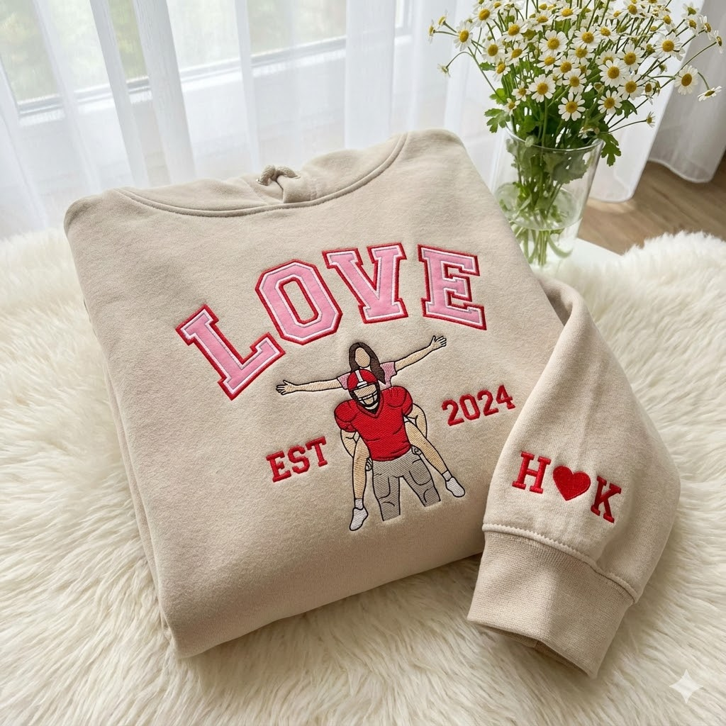 Custom Couple Portrait Embroidered Sweatshirt, Custom Text And Year Embroidered Sweatshirt, 1 St Anniversary Love Sweatshirt, Boy Friend Valentine Gift