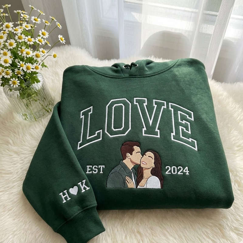 Custom Portrait Embroidered Sweatshirt, Custom Text Embroidered Sweatshirt, 1 St Anniversary Love Sweatshirt, Couple Valentine Gift
