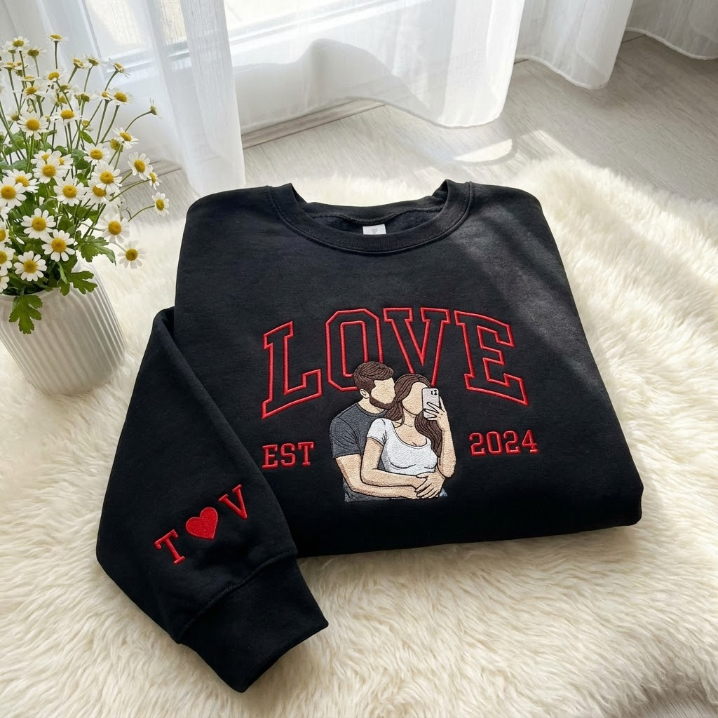 Custom Portrait Embroidered Sweatshirt, Custom Text Embroidered Sweatshirt, 1 St Anniversary Love Sweatshirt, Valentine Gift
