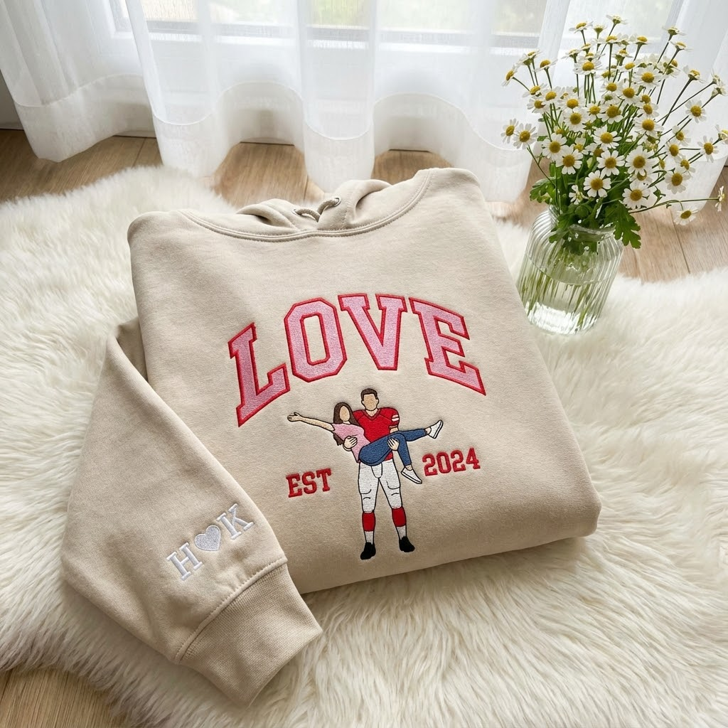 Custom Couple Portrait Embroidered Sweatshirt, Custom Text Embroidered Sweatshirt, 1 St Anniversary Love Sweatshirt, Boy Friend Valentine Gift