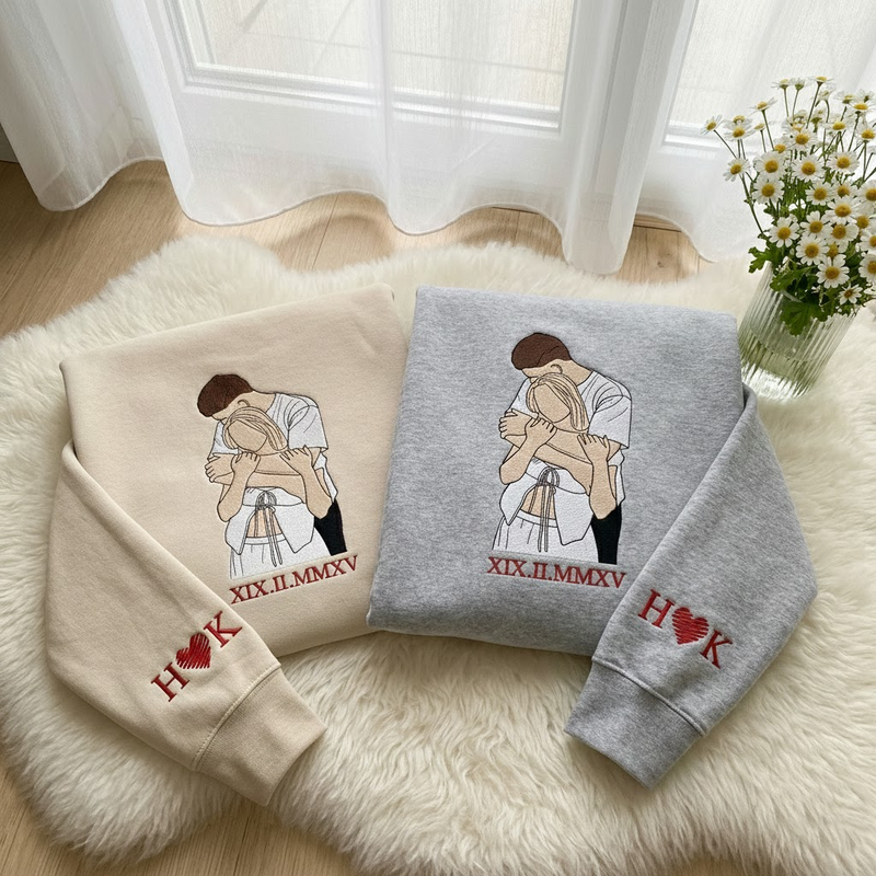 Custom Couple Portrait Embroidered Sweatshirt, Custom Roman Numberal Embroidered Sweatshirt, 1 St Anniversary Love Sweatshirt, Boy Friend Valentine Gift