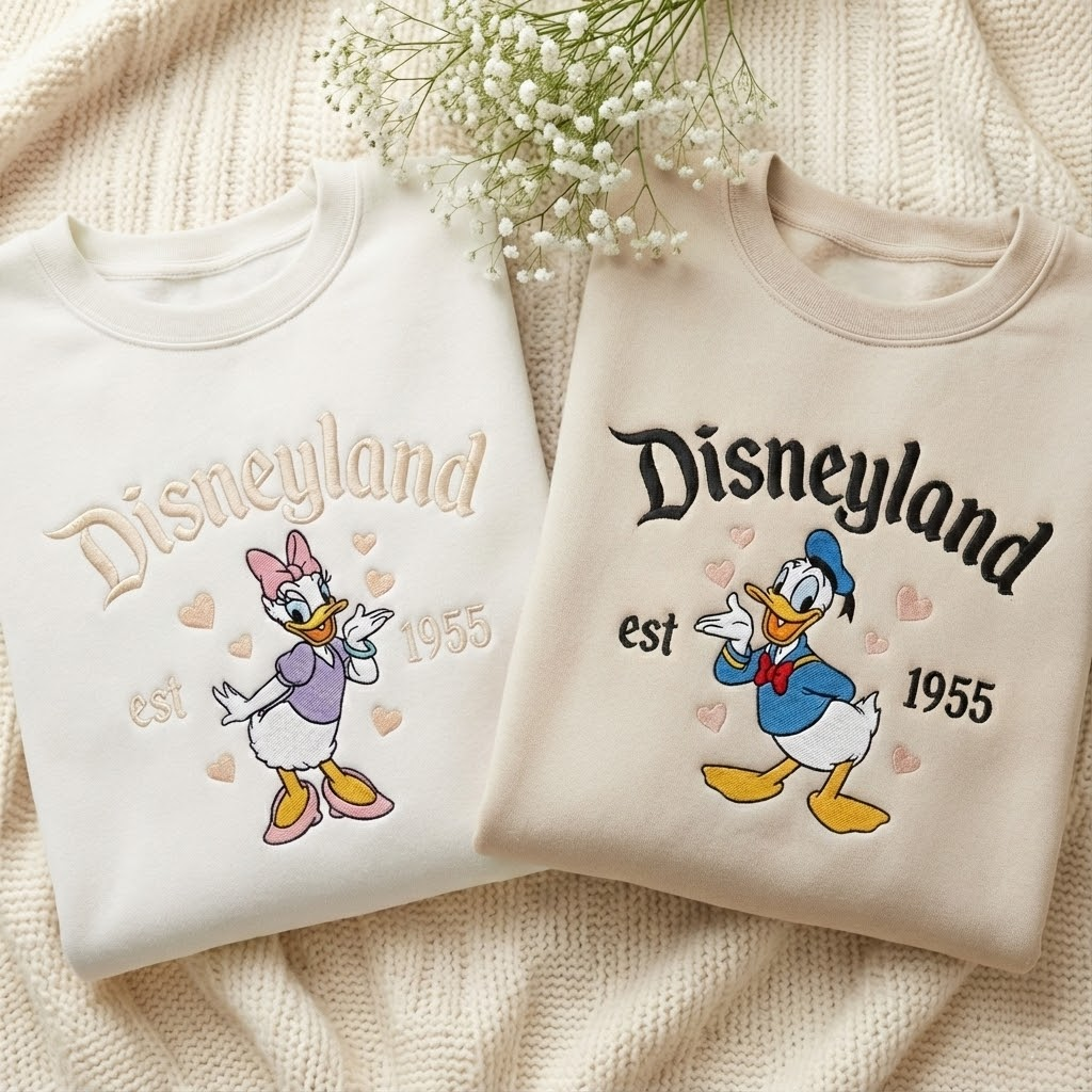 Personalization Matching Couple Embroidered Sweatshirt, Cartoon Duck Couple Embroidered Sweater, Cute Duck Couple Shirt, Valentine Gift
