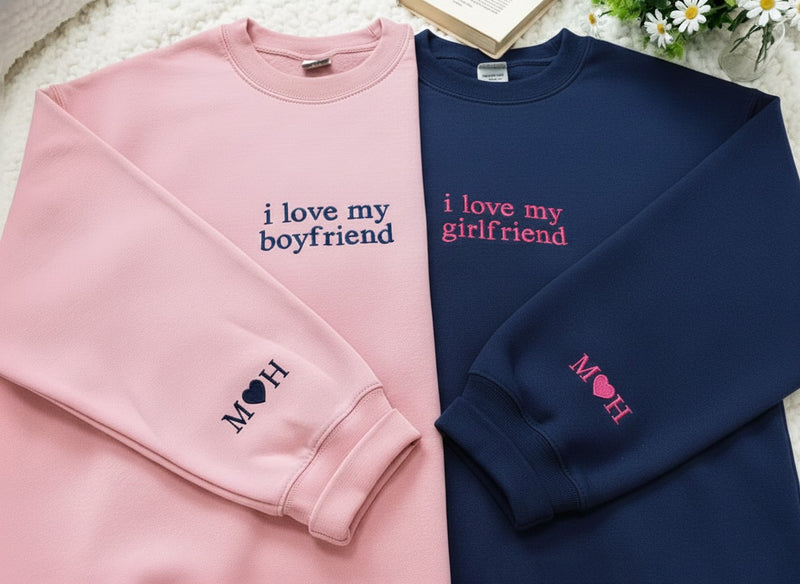 Personalized I love my boyfriend girlfriend Shirt, Custom Embroidered Couple Matching Hoodie,  Valentines Day Anniversary Gift for Her Him