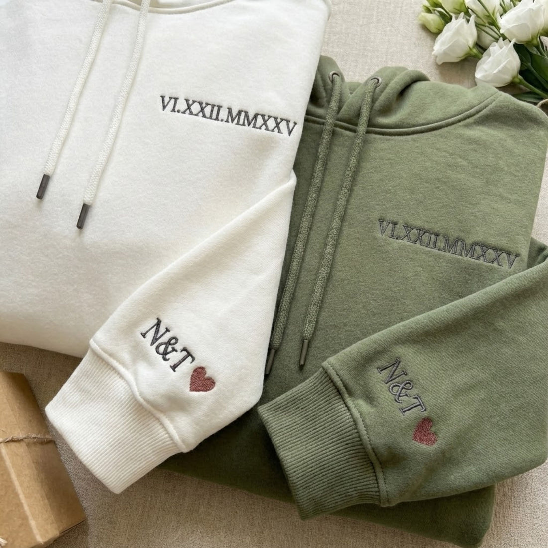 Embroidered Roman Numeral Matching Hoodie, Custom Initials With Heart Sleeve Jumper, Boyfriend Gift, Custom Valentine Date Couple Hoodies