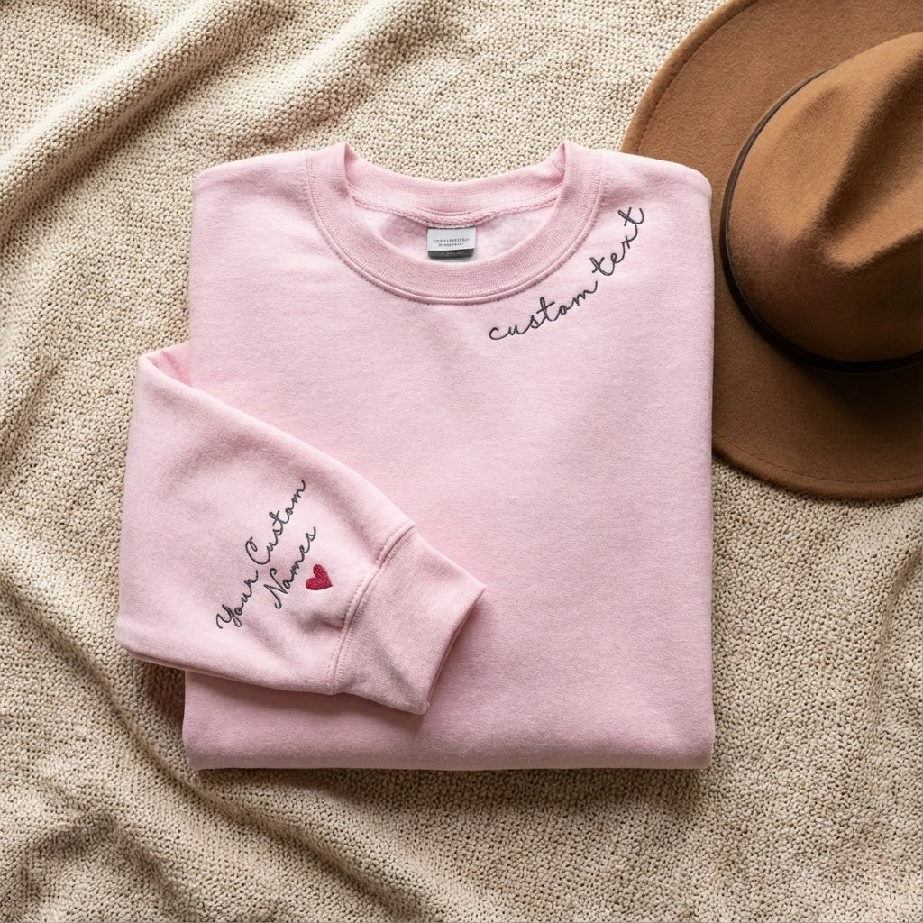 Custom Text on the Neck and Names on the Sleeve Sweatshirt, Personalized Names Initials on Sleeve, Custom Crewneck Sweatshirt, Valentine Day Gifts