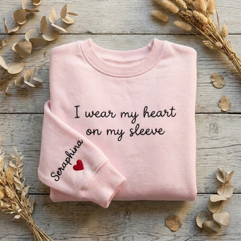 Custom Text on the Neck and Names on the Sleeve Sweatshirt, Personalized Names Initials on Sleeve, Custom Crewneck Sweatshirt, Valentine Day Gifts