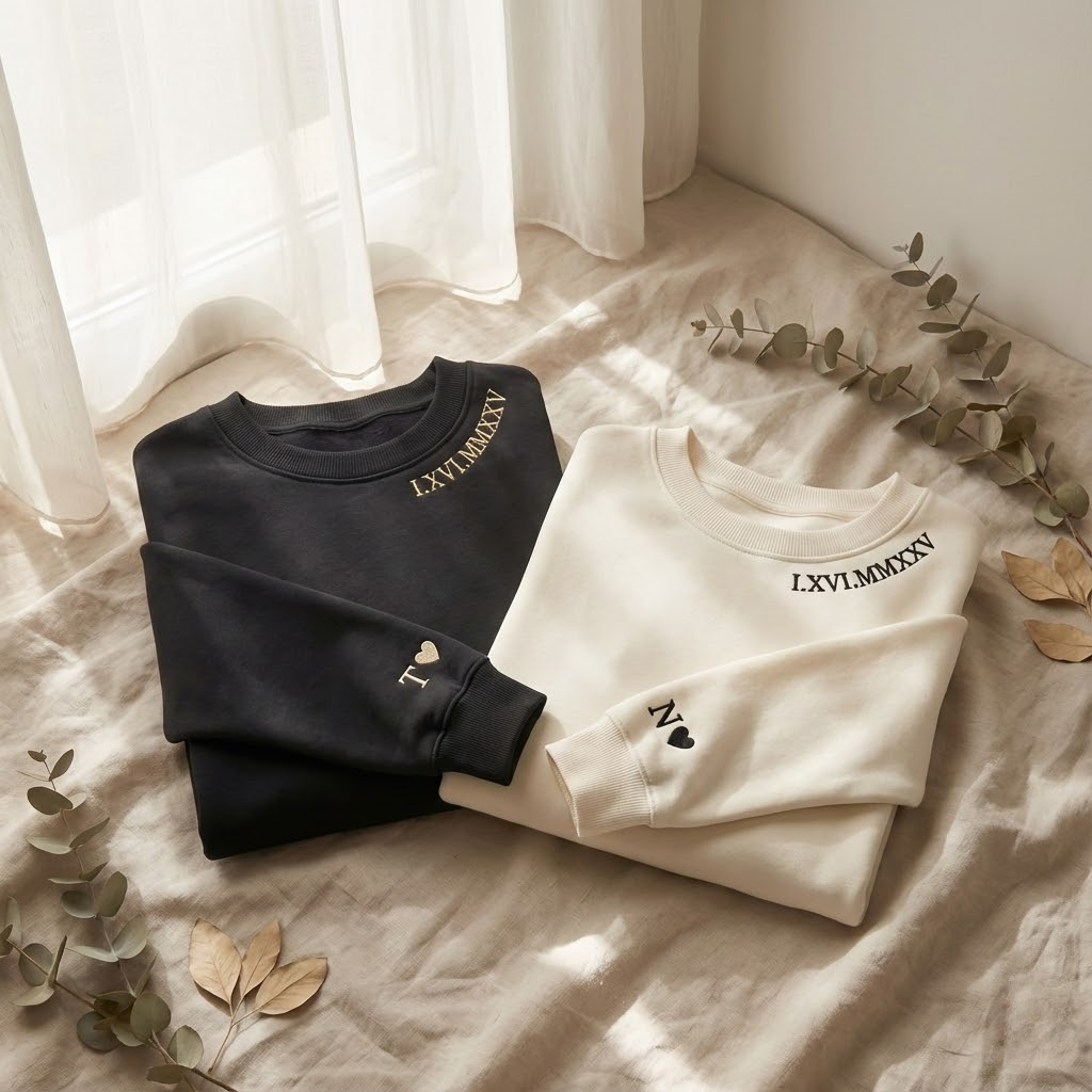 Custom Roman Numeral Sweatshirt, Couple Quarter Zip Initial On Sleeve, Anniversary Year, Personalized Date Crewneck, Valentine's Day Shirt
