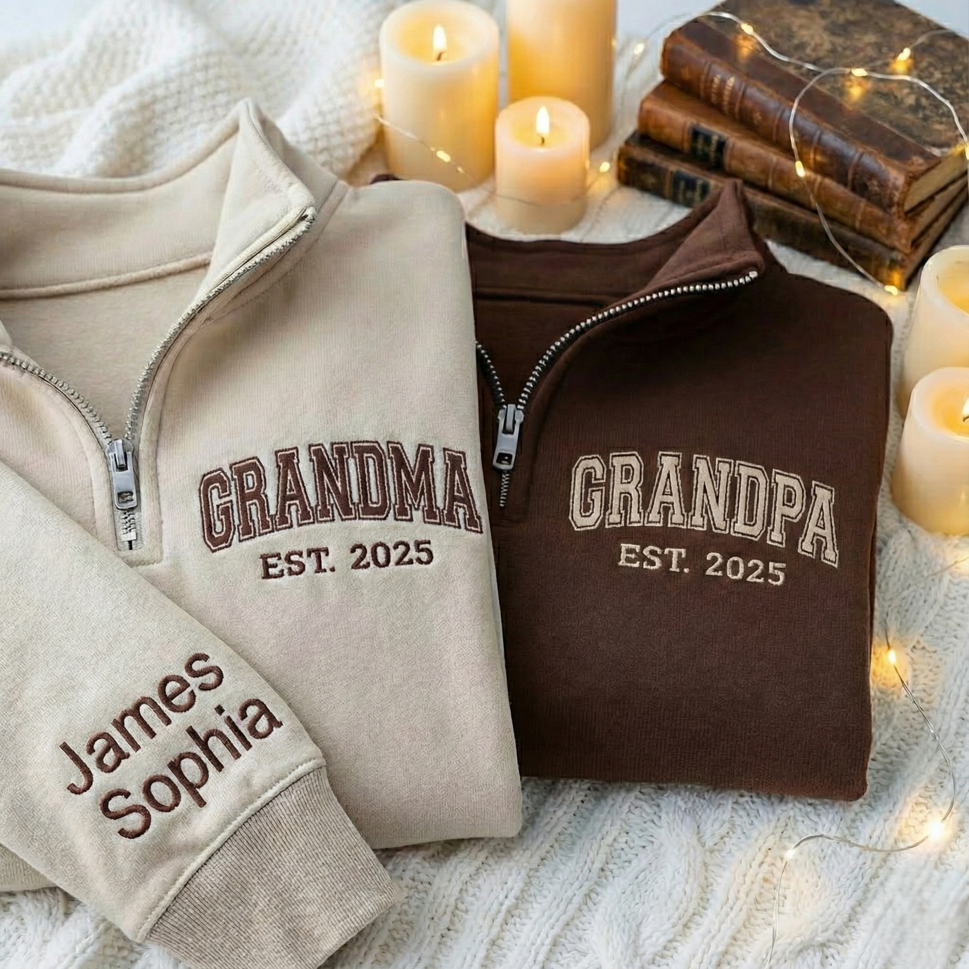 Embroidered Couple Quarter Zip Sweatshirt: Custom Mama, Grandma Quarter Zip Shirt, Matching Family Sweater with Kid's Names, Christmas Gift