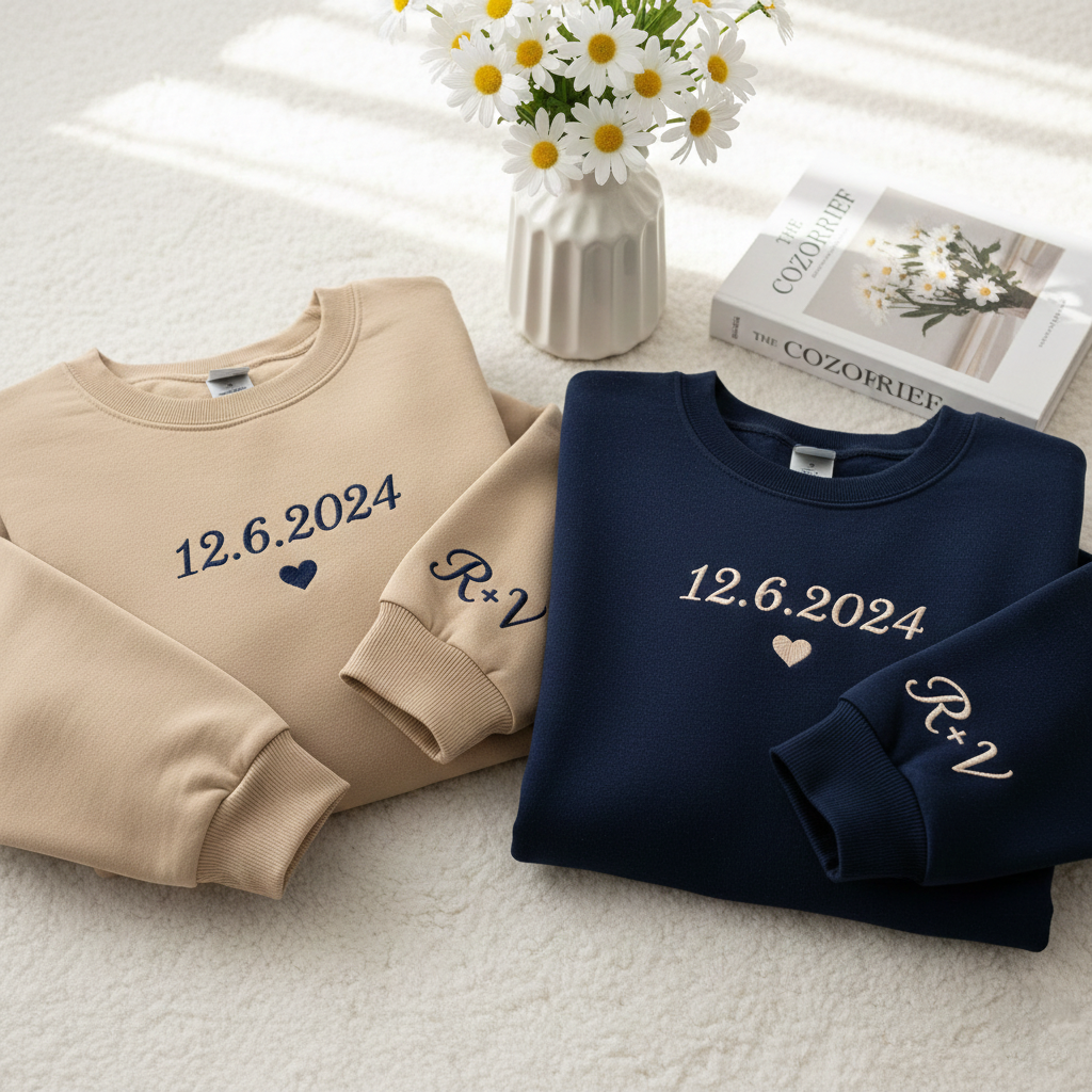 Personalized Date Sweatshirt With Initials On Sleeve,  Embroidered Custom Couple Hoodie, Anniversaries Outfit, Matching Valentines Clothing, Wedding Gift