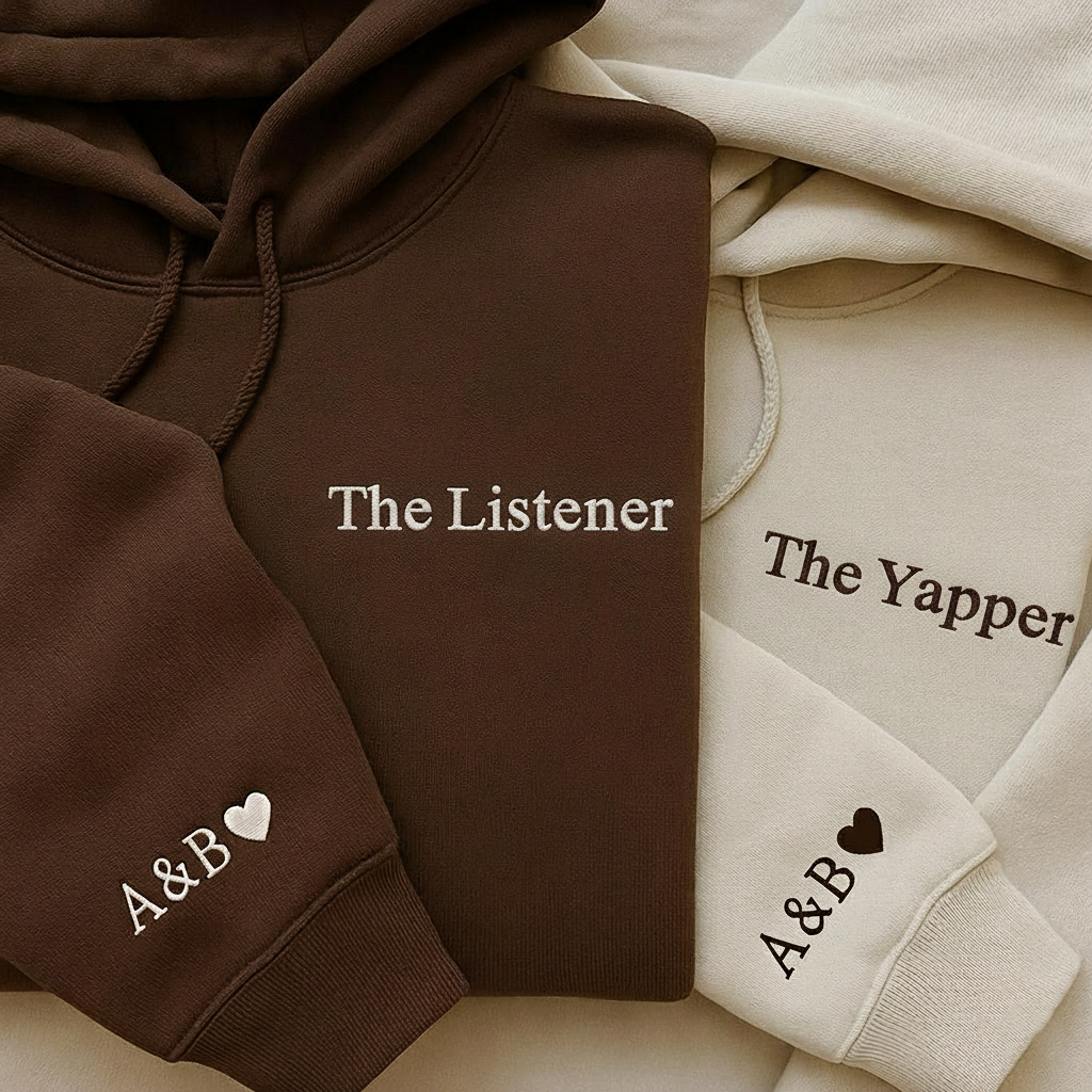 Embroidered Custom Couple Sweatshirt: Listener & Yapper Matching Shirts, Initial With Heart On Sleeve, Anniversary Gift