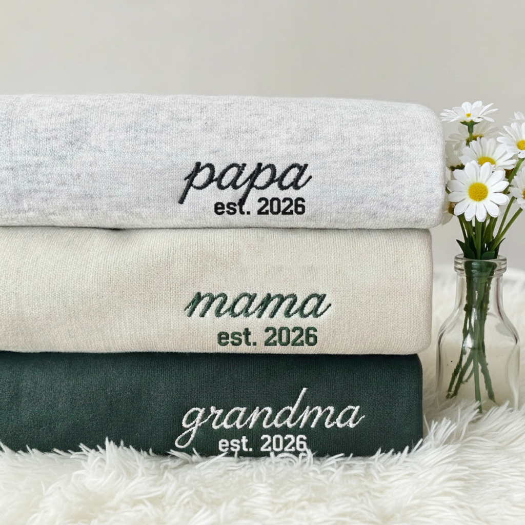 Custom Embroidered Chest Sweatshirt, Personalized Mama Grandma Crewneck, Matching Family Shirt, Anniversary Gift