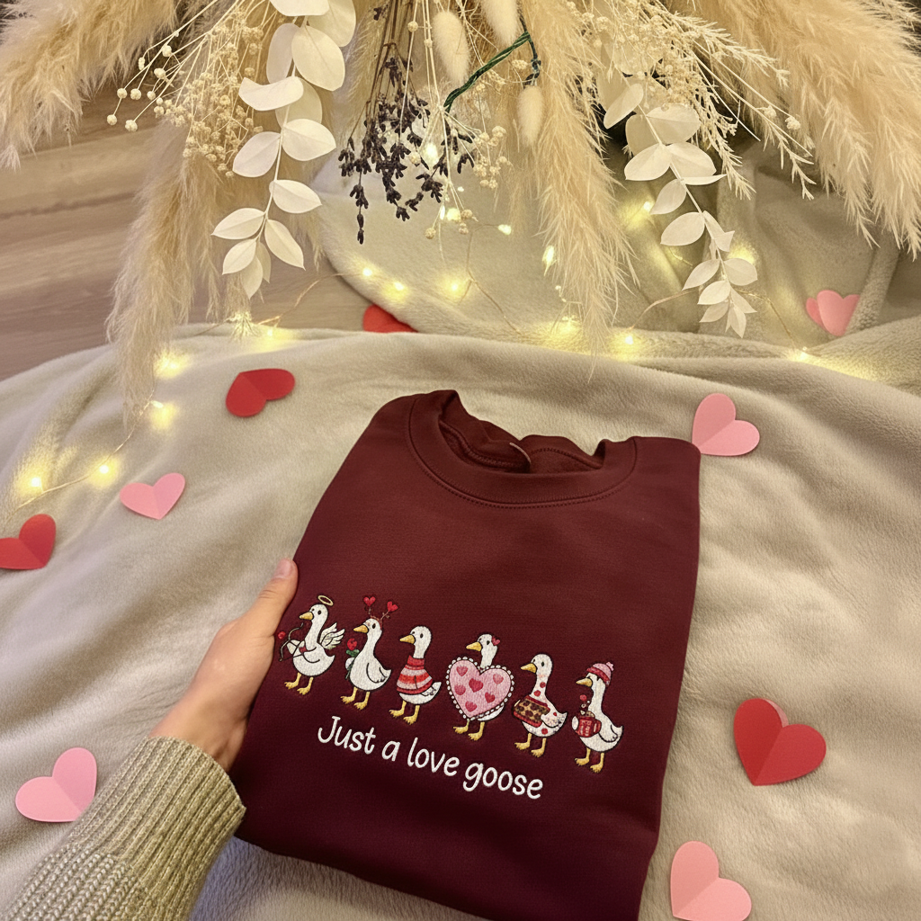 Funny Goose Valentine Embroidered Sweatshirt, Just a Love Goose Pullover, Romantic Goose Shirt, Anniversary Gift