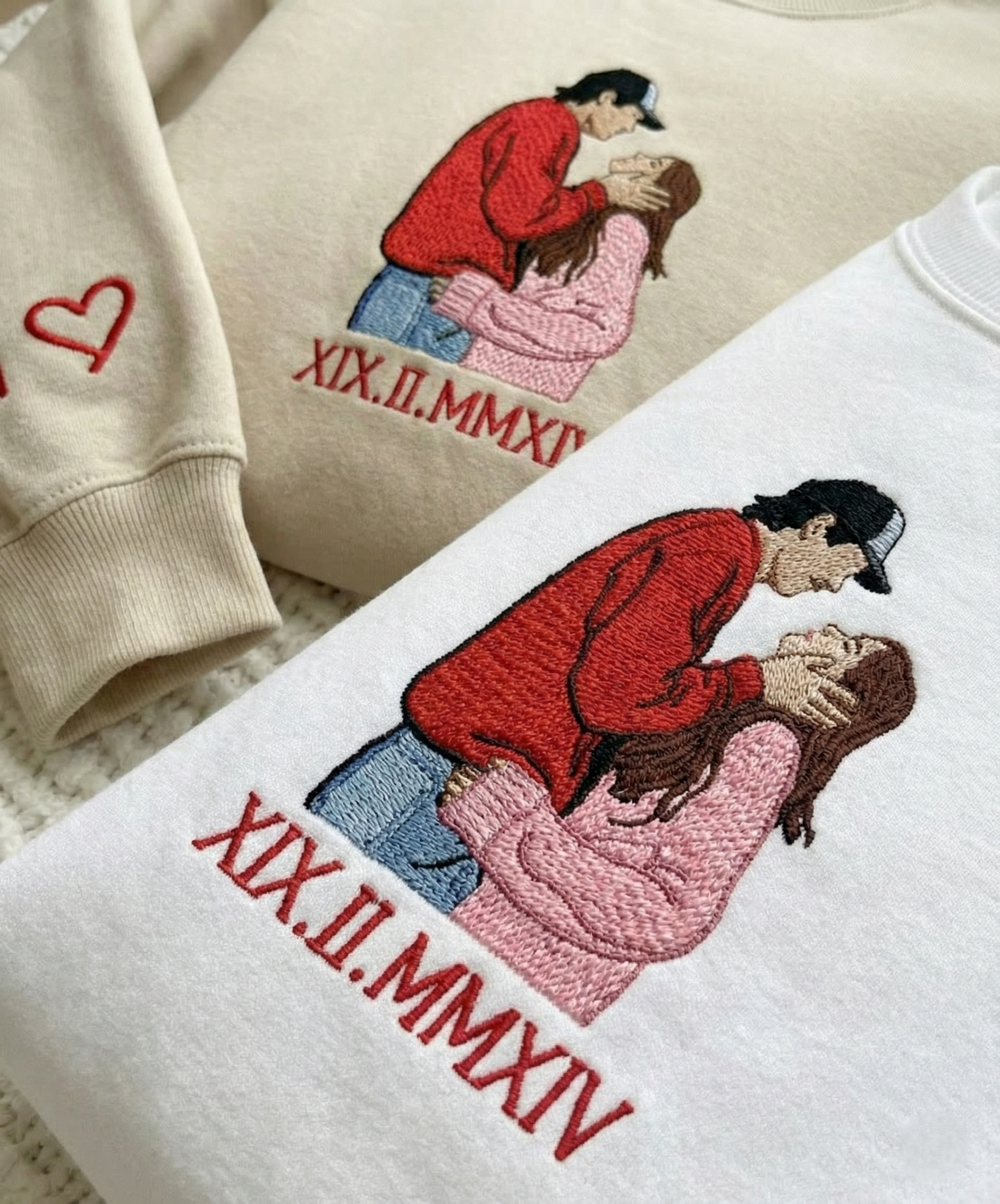 Custom Couple Portrait Embroidered Sweatshirt, Custom Roman Numberal Embroidered Sweatshirt, 1 St Anniversary Love Sweatshirt, Boy Friend Valentine Gift