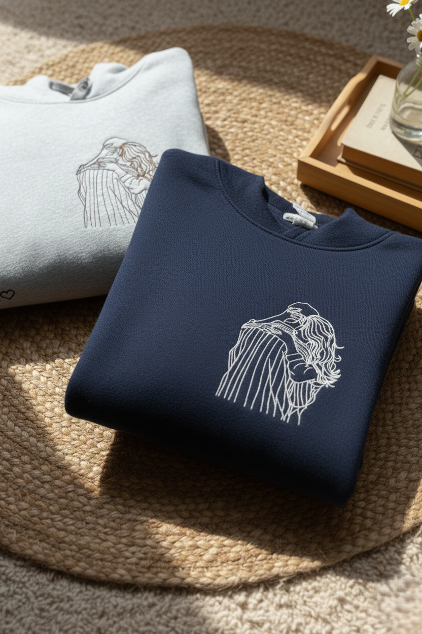 Custom Embroidered Couple Portrait Hoodie: Personalized Photo Sweatshirt, Matching Hoodies, Valentine Gift
