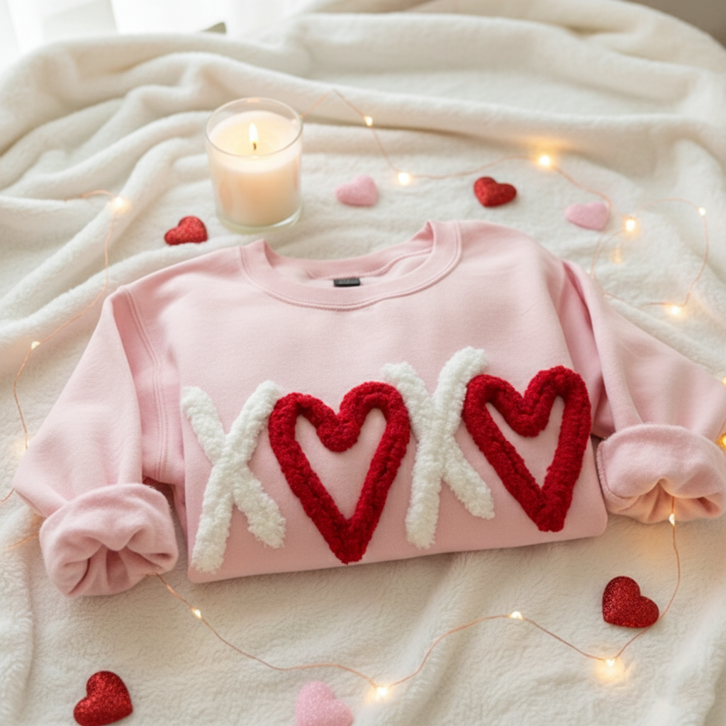 Custom XOXO Crewneck, Custom Chenille Yarn Embroidery Sweatshirt, Valentine Chenille Heart, Valentine Gift