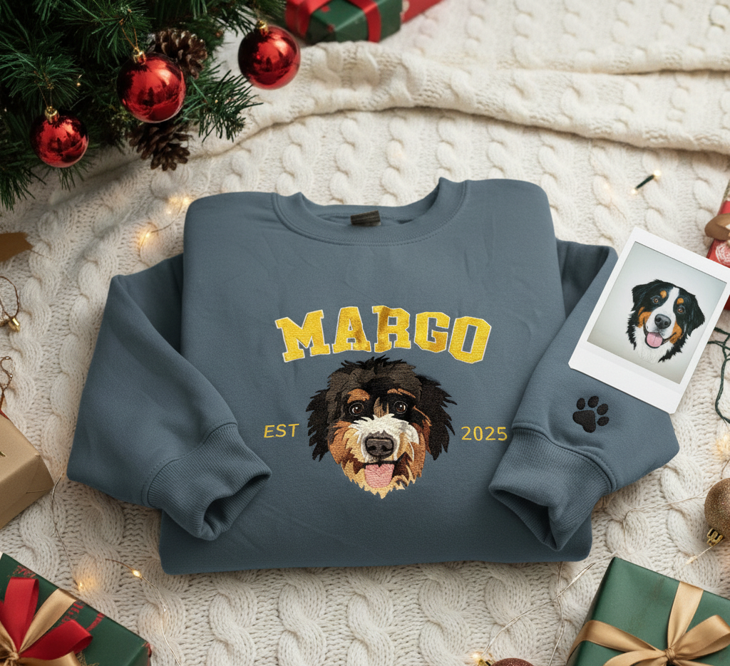Personalized Pet Face Sweatshirt from Your Photo, Embroidered Custom Pet Name Crewneck, Varsity Dog Cat Sweatshirt, Gifts for Dog Lover