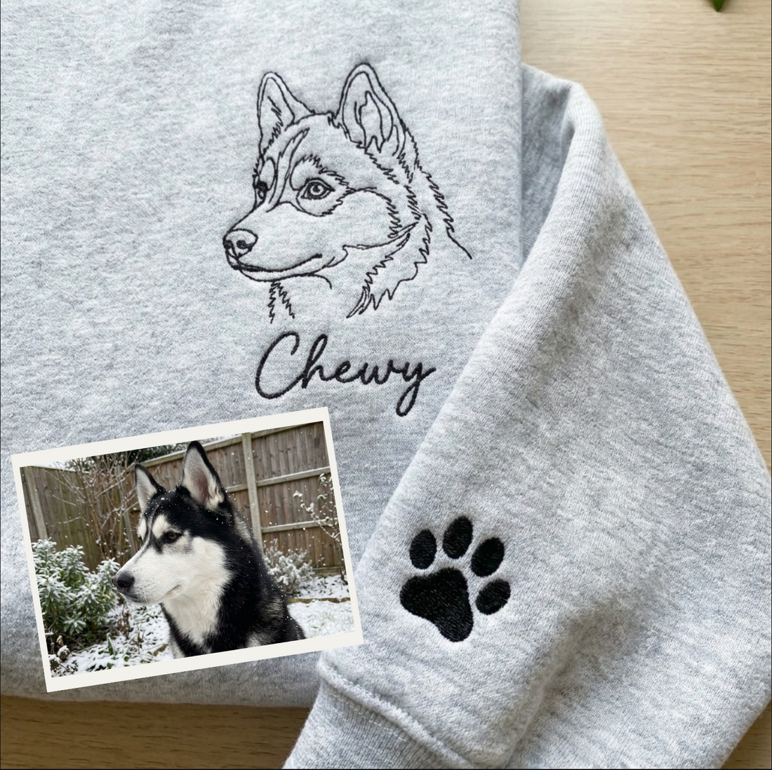 Custom Outline Embroidered Pet Sweatshirt, Custom Embroidered Dog Cat Hoodie with Pet Photo and Name, Embroidered Pet Portrait, Gift for Dog Dad/Mom