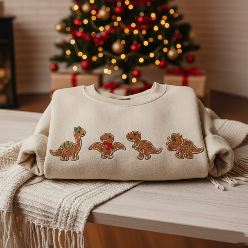 Christmas Dinosaur Embroidered Sweatshirt, Cute Gingerbread Dino Crewneck, Gingerbread Cute Dino Embroidered Hoodie, Holiday Embroidery Gift for Kids & Adults