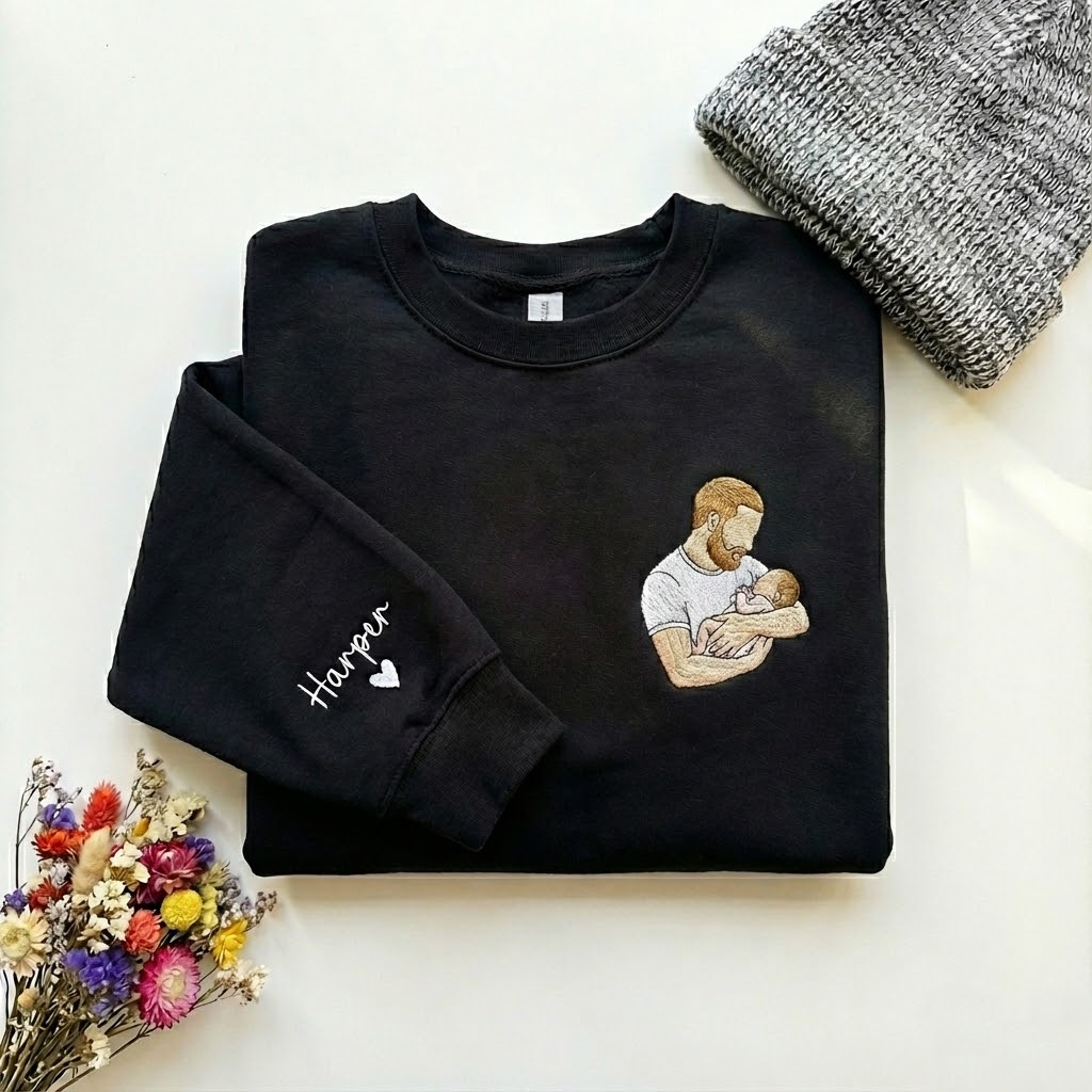 Gift for Dad, Gift for Him, Personalized Crewneck, Custom Embroidered Portrait from Photo Sweatshirt, Custom Embroidered Hoodie