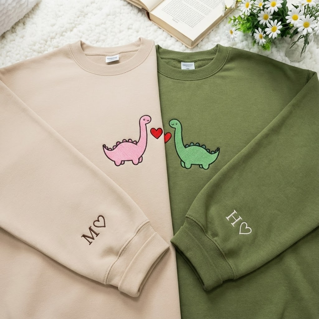 Custom Dinosaur Couple Embroidered Hoodie with Roman Date & Initials - Matching Hoodies For Couple - 1st Anniversary Gift for Couples