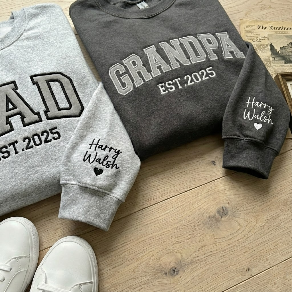Custom Dad & Grandpa Embroidered Sweatshirt, Name On Sleeve With Heart, Grandpa Shirt With Date, Gift for New Mom and Dad, Father's Day Gif