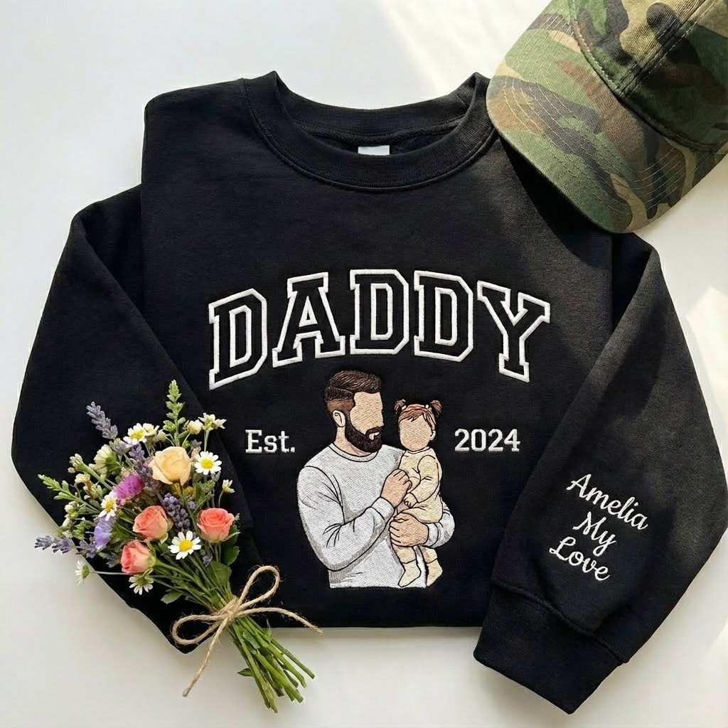 Custom Embroidered Dad Sweatshirt with Photo, Fathers Day or Birthday Gift for Dad, Personalized Dad and Daughter Hoodie, Embroidered Portrait Shirt